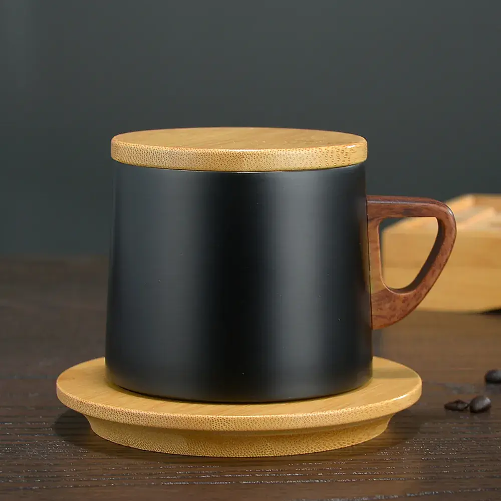 Caneca Térmica 280 ml com Tampa e Pires de Bambu — imagem 3 de 7