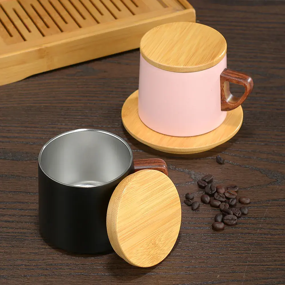 Caneca Térmica 280 ml com Tampa e Pires de Bambu — imagem 6 de 7