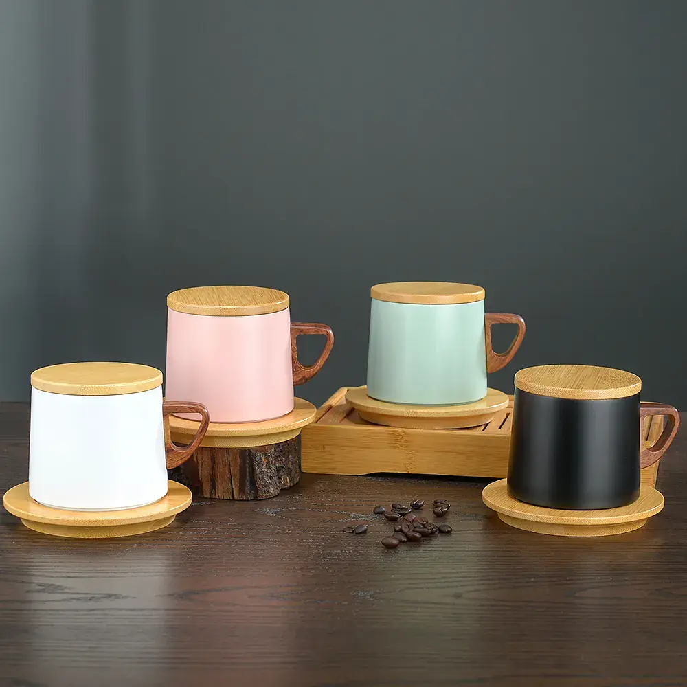 Caneca Térmica 280 ml com Tampa e Pires de Bambu — imagem 5 de 7