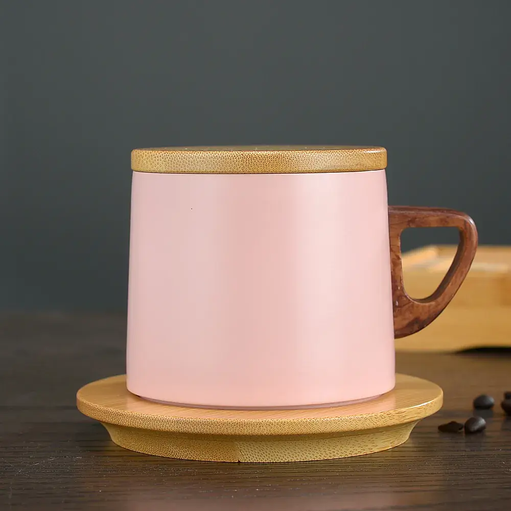 Caneca Térmica 280 ml com Tampa e Pires de Bambu — imagem 1 de 7