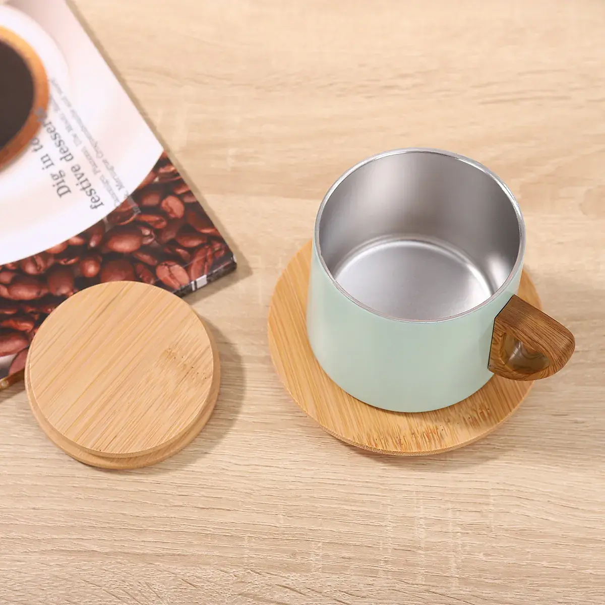 Caneca Térmica 280 ml com Tampa e Pires de Bambu — imagem 7 de 7
